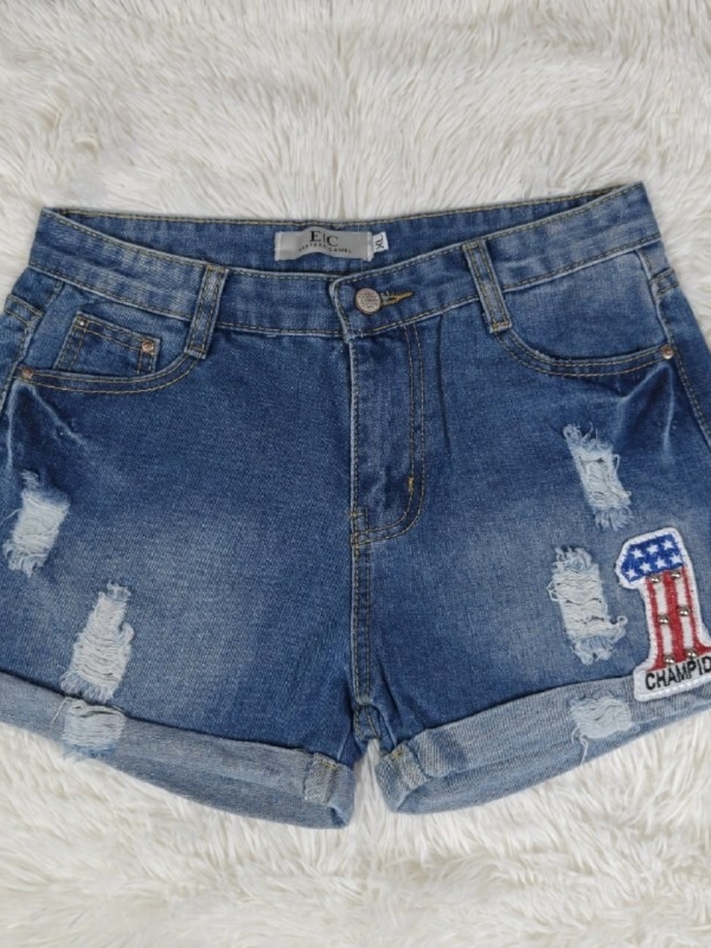 Distressed Blue Denim Shorts with Champion Patch